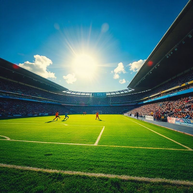 Partida de futebol brasileiro em estádio lotado sob o sol